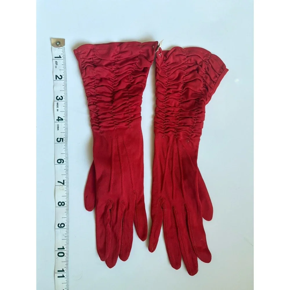 Vintage Shalimar Women's Red Shirred Evening Opera Gloves Size 6.5